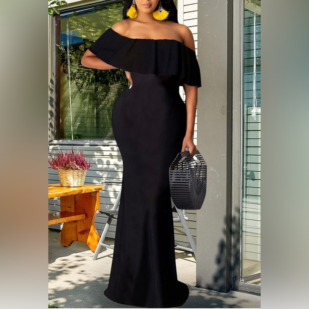 NEW Off The Shoulder Maxi Dress Black Ruffle Evening Party Long Dress Size L - Picture 8 of 12